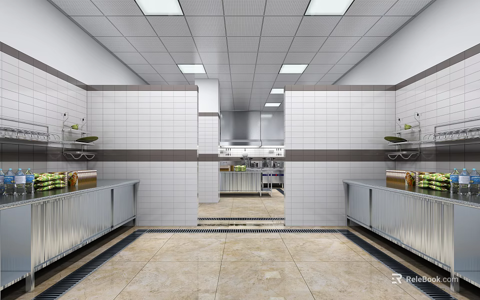 Modern Commercial Kitchen Interior with Tile Walls Stainless Steel Worktables Ceiling Lights and Central Aisle 3d model 