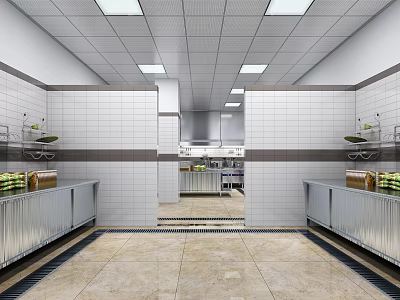 Modern Commercial Kitchen Interior with Tile Walls Stainless Steel Worktables Ceiling Lights and Central Aisle 3d model