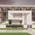 Modern Building Exterior With Wooden Elements Glass Walls And Landscaped Courtyard Hedges Lawn And People