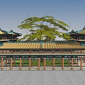 Traditional Chinese Ancient Architecture Multi Layered Pavilion With Green Tiled Roofs Yellow Decorations And Trees