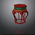 Traditional Chinese Red Stool With Green Top Decorative Carved Legs And Ornate Edge Details