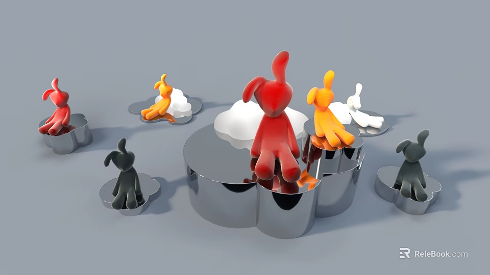 Colorful Dolls Seated On Silver Cloud Shaped Bases Against Gray Background 3d model