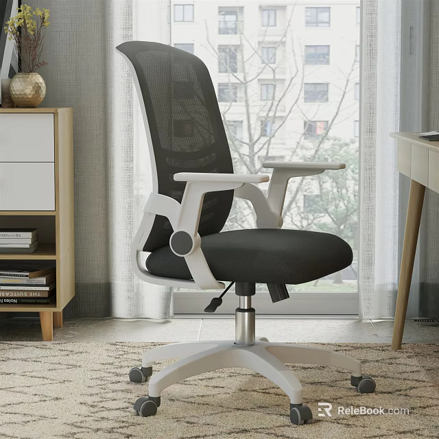 Ergonomic Office Chair with Black Mesh Backrest White Armrests Black Seat and Silver Wheeled Base 3d model 