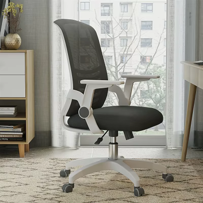 Ergonomic Office Chair with Black Mesh Backrest White Armrests Black Seat and Silver Wheeled Base 3d model