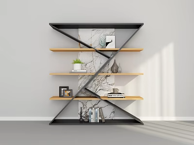 Modern Geometric Bookcase With Wooden Shelves And Decorative Items On 3d model