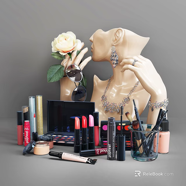 Luxury Perfume And Cosmetics Display With Mannequin Rose Jewelry Lipsticks And Makeup Brushes 3d model 