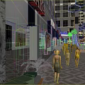 Vibrant Commercial Street with Pedestrians Storefront Displays Green Plants and Modern Buildings