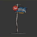 Outdoor Advertising Sign with Red Circular Logo Blue Signboard Light Pole and Base