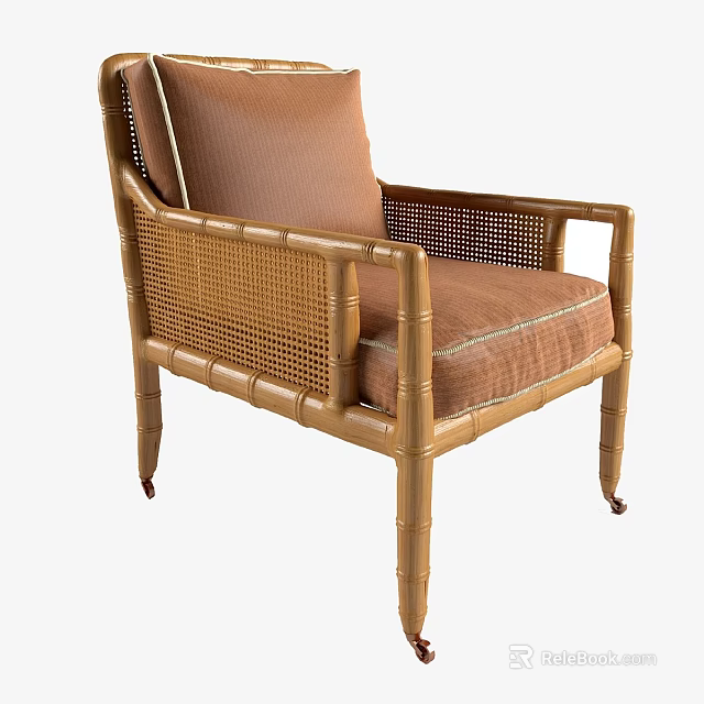 Bamboo Frame Leisure Chair With Rattan Weaving And Comfortable Brown Cushion 3d model 