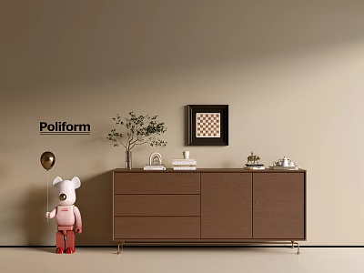 Poliform Modern Brown Entryway Console Table With Decorative Plant And Ornaments 3d model