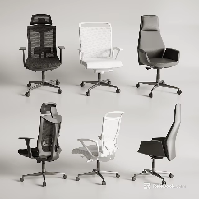 Modern Office Chairs With Various Designs Black White Colors And Rolling Wheels 3d model 