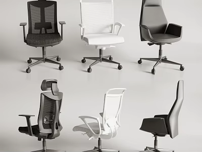 Modern Office Chairs With Various Designs Black White Colors And Rolling Wheels 3d model