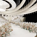 Luxury Banquet Hall Interior With Modern Design Crystal Chandeliers White Tables And Floral Arrangements