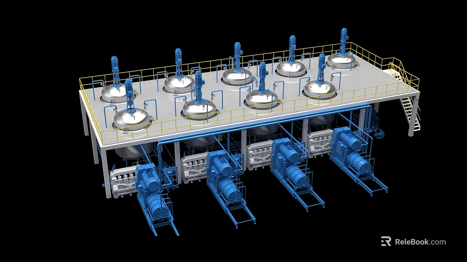 Industrial Equipment with Multiple Stainless Steel Mixing Tanks on Platform Yellow Guardrails and Blue Motors 3d model 