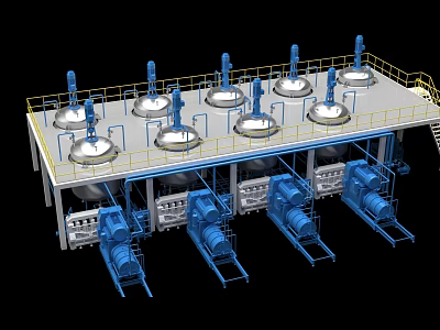 Industrial Equipment with Multiple Stainless Steel Mixing Tanks on Platform Yellow Guardrails and Blue Motors 3d model