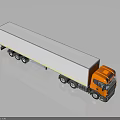 Orange Cab Truck With Long White Trailer And Multiple Wheels On Dark Reflective Surface
