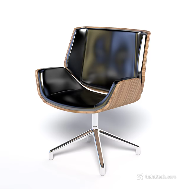 Modern Office Chair With Black Leather Seat Wooden Frame And Metal Caster Base 3d model 