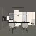 Modern Light Colored Open Kitchen With Cabinets Glass Dining Table White Chairs And Fireplace 3d model