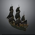 Vintage Sailing Ship With Black Sails Green Hull And Wooden Masts