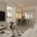 Modern Living and Dining Room Interior with TV Cabinet Dining Table and Pendant Lights