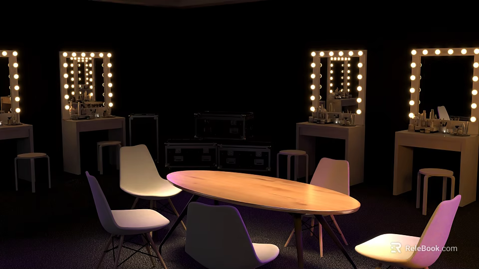 Stylish Vanity Space With Lighted Mirrors Round Table And White Chairs 3d model