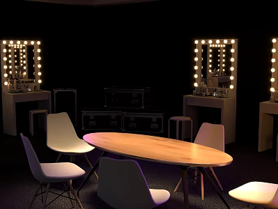 Stylish Vanity Space With Lighted Mirrors Round Table And White Chairs 3d model