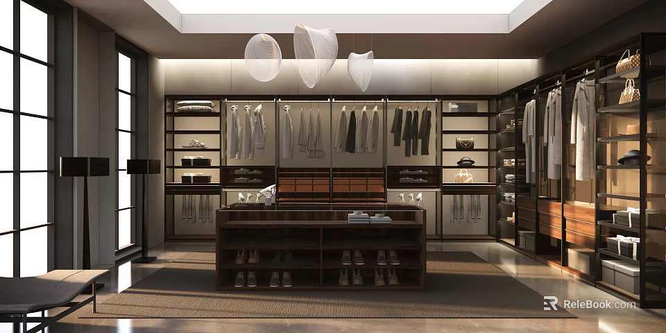 Modern Walk-in Closet With Hanging Clothes Shoe Storage And Pendant Lights 3d model 