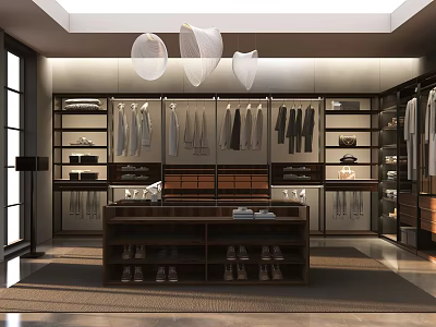 Modern Walk-in Closet With Hanging Clothes Shoe Storage And Pendant Lights 3d model