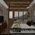 Hotel Guest Room With Rustic Wooden Decor Bed Windows And Pillows