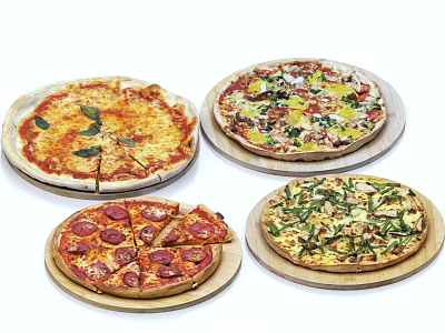 Assorted Fresh Pizzas on Wooden Trays with Cheese Vegetables and Pepperoni Toppings 3d model