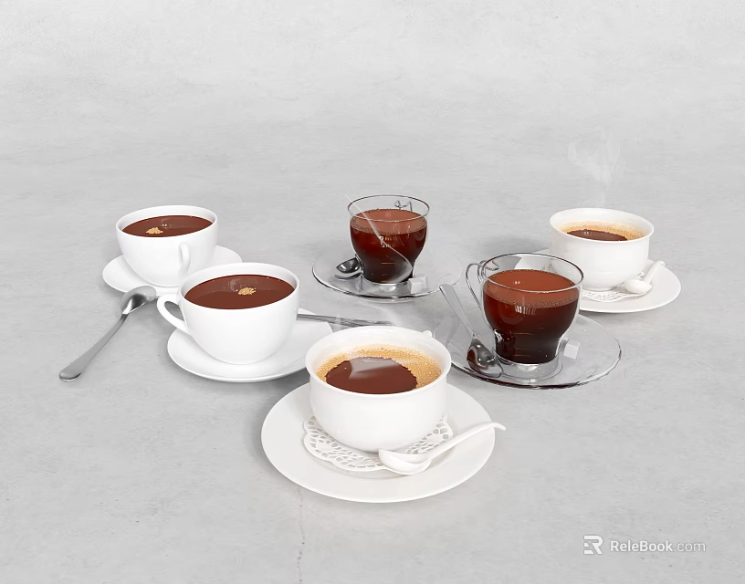 Elegant Tea Set With Porcelain Cups Saucers Spoons And Hot Steaming Tea On Gray Tabletop 3d model 