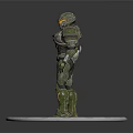 3D Green Armored Character Model With Helmet And Glowing Parts On Silver Base