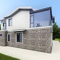 Modern Detached Villa With Large Glass Windows Stone Wall And Green Lawn