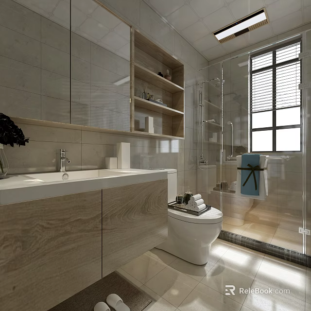 Stylish Bright Modern Bathroom Interior With Wood Vanity Glass Shower Enclosure And Tiled Walls 3d model 