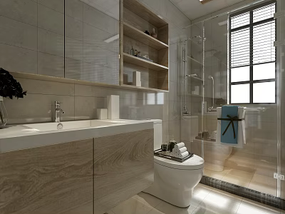 Stylish Bright Modern Bathroom Interior With Wood Vanity Glass Shower Enclosure And Tiled Walls 3d model