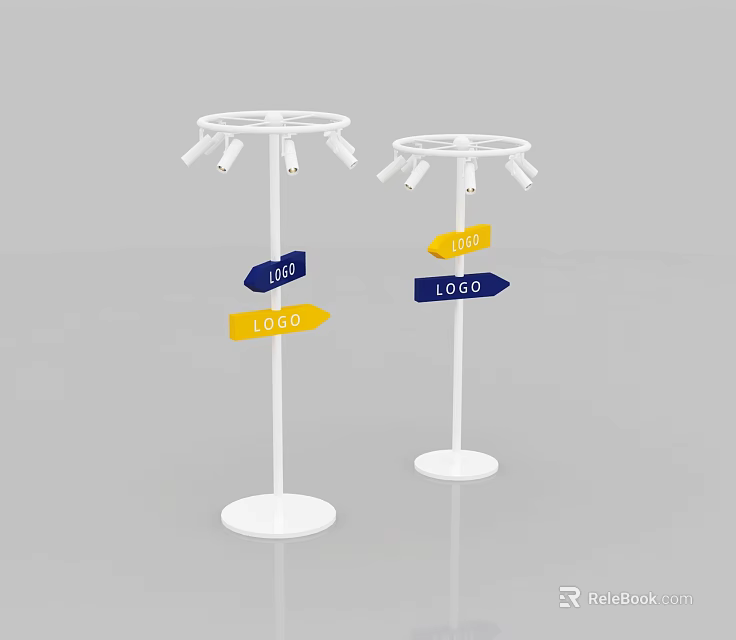 White Decorative Floor Lamps With Multiple Circular Heads And Blue Yellow Logo Arrows 3d model 