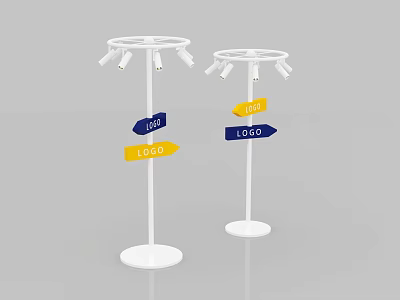 White Decorative Floor Lamps With Multiple Circular Heads And Blue Yellow Logo Arrows 3d model