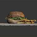 Juicy Hamburger with Sesame Bun Lettuce Patty and Crispy French Fries on Wooden Board