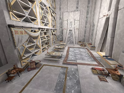 Ancient Hall Interior With Stone Walls Geometric Shelves Marble Flooring And Ornate Rugs 3d model