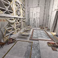 Ancient Hall Interior With Stone Walls Geometric Shelves Marble Flooring And Ornate Rugs