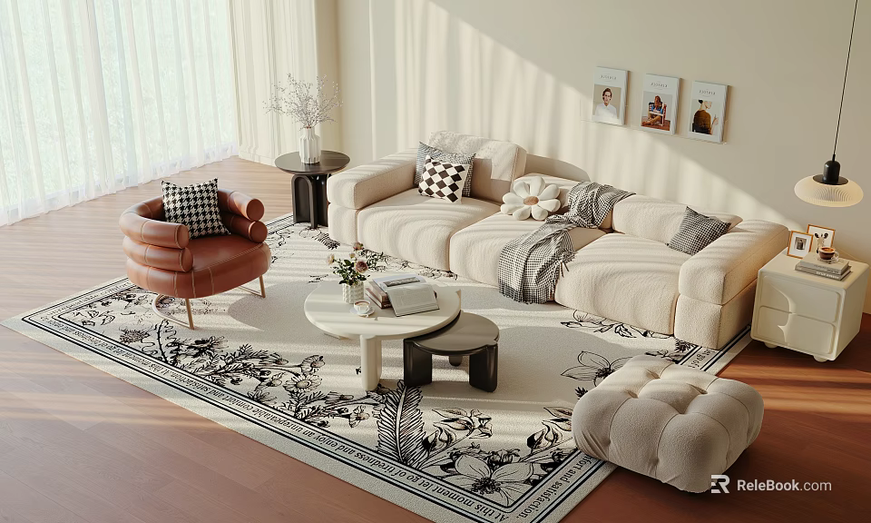 Beige Sofa And Coffee Table Set With Brown Armchair Patterned Rug And Sunlight 3d model 