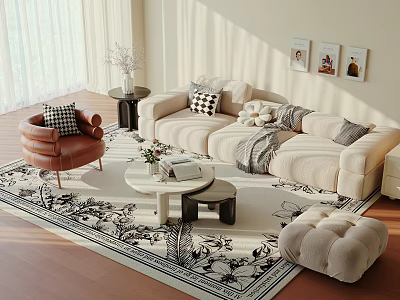 Beige Sofa And Coffee Table Set With Brown Armchair Patterned Rug And Sunlight 3d model