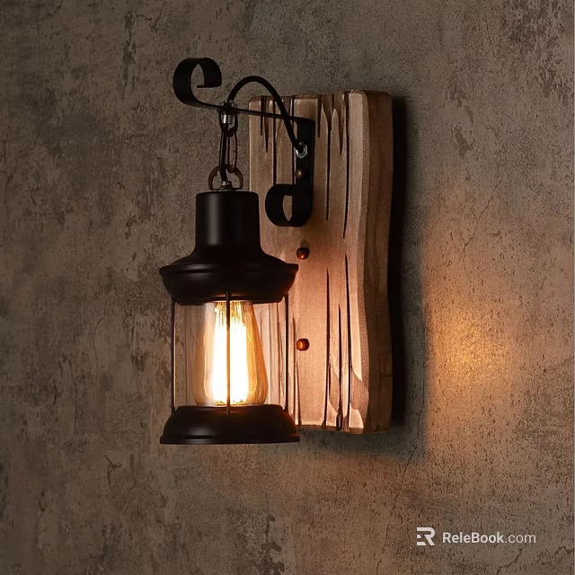 Vintage Rustic Wall Lamp With Wooden Base Metal Frame And Warm Lantern Light 3d model 