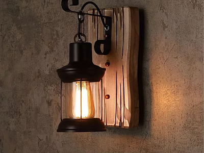 Vintage Rustic Wall Lamp With Wooden Base Metal Frame And Warm Lantern Light 3d model