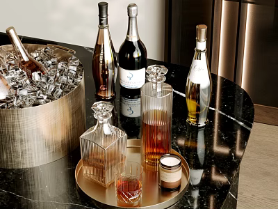 Wine Bottles and Glasses with Ice Bucket on Gold Tray Modern Black Marble Countertop 3d model