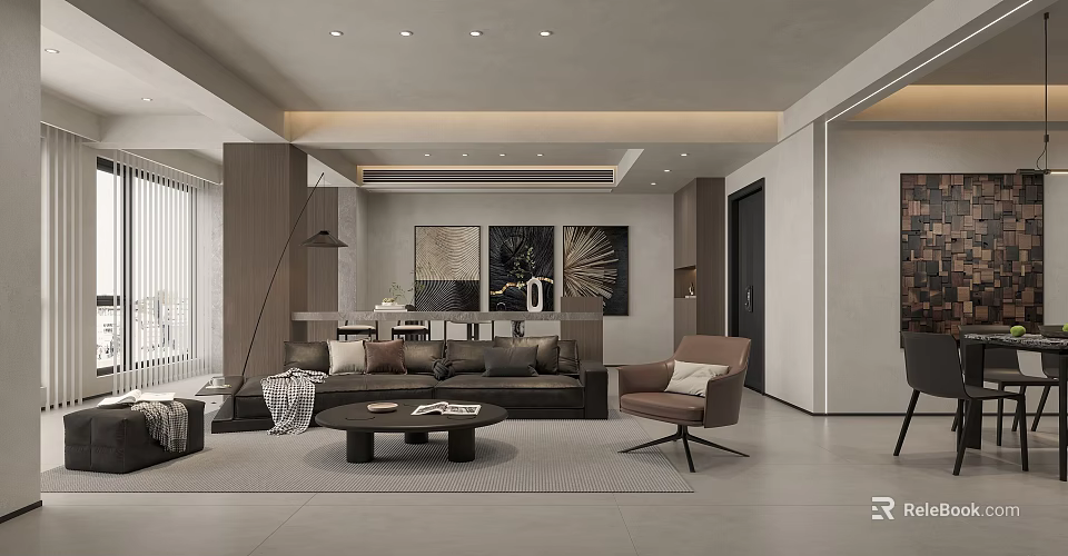 Modern Living Dining Room Interior With Sofa Coffee Table Dining Set And Decorative Paintings 3d model 