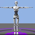 White Humanoid Robot With Extended Arms Standing On Blue Platform With Purple Circular Rings Around