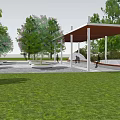 Garden Landscape Design With Neatly Arranged Potted Trees Stone Pavement Green Lawn And White Pergola