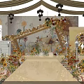 Elegant Wedding Banquet Hall With Golden Decorations Flowers Chandeliers Stage And Carpet