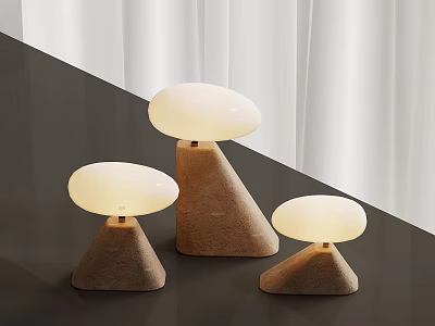 Three Mushroom Shaped Table Lamps With Sandstone Base And White Lampshade On Dark Tabletop 3d model